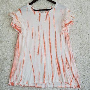 Knox Rose Shirt Womens XXL 2XL Orange White Tie Dye Ruffle Lace Sleeve
